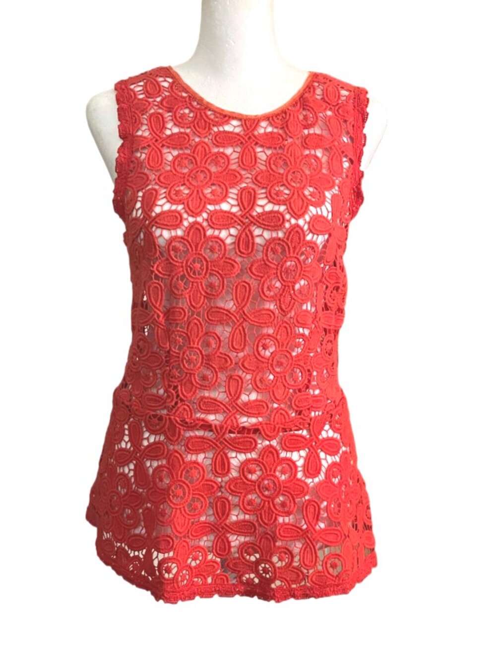 Intermix Coral-Orange Lace Peplum Floral Crochet Cotton Back Zip Top Size Large